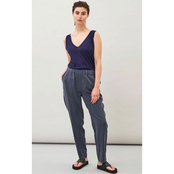 Maska Jira Tencel Trouser Pants Sz M Elastic Waist Dusty Blue Pleated Pockets - Picture 1 of 11
